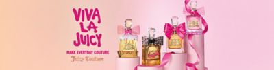 Image of 4 fragrance bottles with bows. Viva la juicy. Make everyday couture. Juicy couture logo.