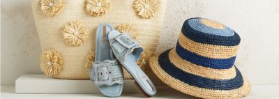 An image of a straw hat, sandals and a tote bag.