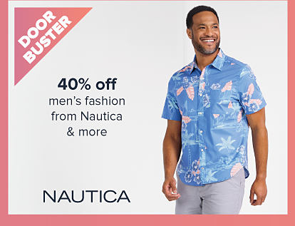 Doorbuster. An image of a man wearing a spring outfit. 50% off men's fashion from Nautical and more. The Nautica logo. 