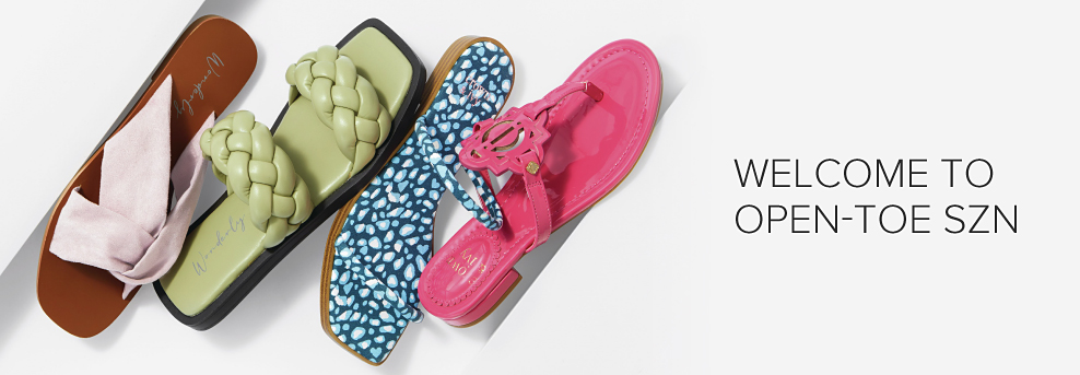 Green sandal. Blue and white strappy sandal. Bright pink sandal. Welcome to open-toe season. 