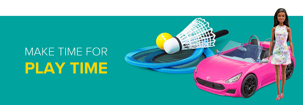 Badminton rackets with a ball and birdie. A pink, remote control convertible and a Barbie doll. Make time for play time. 