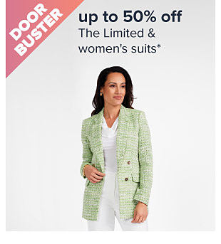 Up to 50% off The Limited & women's suits. Image of a woman in a blazer. Shop now.