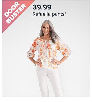 $39.99 Rafaella pants. Image of a woman in a printed shirt and white pants. Shop now.