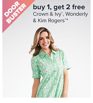 Buy 1, get 2 free Crown & Ivy, Wonderly & Kim Rogers. Image of a woman in a green shirt. Shop now