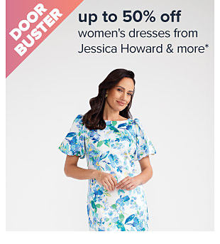 Up to 50% off women's dresses from Jessica Howard & more. Image of a woman in a blue and white dress. Shop now.