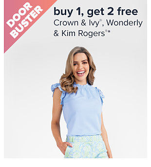 Buy 1, get 2 free Crown & Ivy, Wonderly & Kim Rogers. Image of a woman in a flutter sleeve top. Shop now.