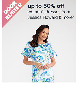 Up to 50% off women's dresses from Jessica Howard and more. Image of a woman in a blue and white dress. Shop now.