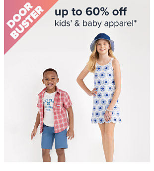 Up to 60% off kids' & baby apparel. Image of a little boy in a graphic tee, an unbuttoned plaid shirt and shorts, and a little girl in a dress. Shop now.