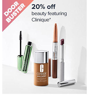 20% off beauty featuring Clinique. Image of makeup products. Shop now.