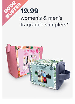 Doorbuster. 19.99 women's and men's fragrance samplers. Image of fragrance samplers.
