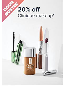 Doorbuster. 20% off Clinique makeup. Image of various makeup.