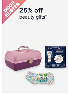 Doorbuster. 25% off beauty gifts. Image of various beauty products.