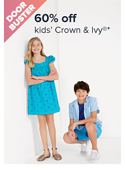 Doorbuster. An image of a girl wearing a blue dress and a boy wearing shorts and a short sleeve shirt. 60% off kids' Crown and Ivy. 