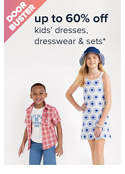 Doorbuster. An image of a boy wearing a short sleeve plaid shirt and shorts and a girl wearing a floral dress. Up to 60% off kids' dresses, dresswear and sets. 