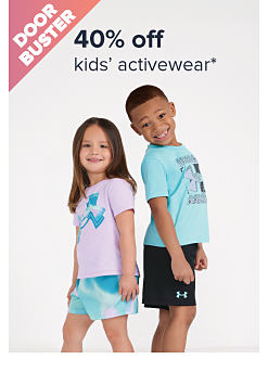 Doorbuster. An image of a girl and boy wearing activewear. 40% off kids' activewear.
