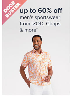 Doorbuster. An image of a man wearing a short sleeve button front shirt and white pants. Up to 60% off men's sportswear from IZOD, Chaps and more. 