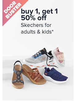Doorbuster. Buy one, get one 50% off Skechers for adults and kids. Image of various shoes.