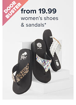 Doorbuster. From 19.99 women's shoes and sandals. Image of various flip flops.