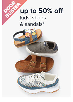 Doorbuster. Up to 50% off kids' shoes and sandals. Image of various kids' shoes.