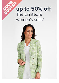 Doorbuster. Up to 50% off The Limited and women's suits. Image of a woman wearing a green jacket.