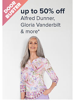 Doorbuster. Up to 50% off Alfred Dunner, Gloria Vanderbilt and more. Image of a woman in purple pants and a pink and white shirt.
