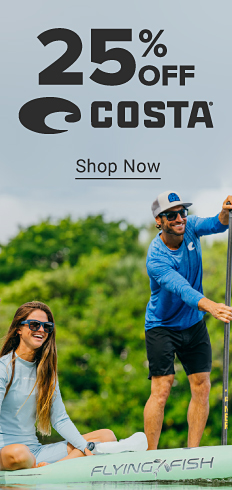 A man and woman on a paddleboard. 25% off Costa. Shop now.
