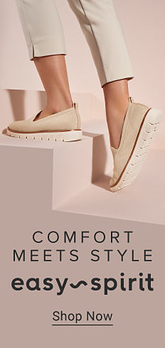 Close up image of a woman in white casual shoes. Comfort meets style. Easy spirit. Shop now.
