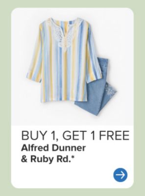 A striped women's shirt and jeans. Buy one, get one free Alfred Dunner and Ruby Road. 