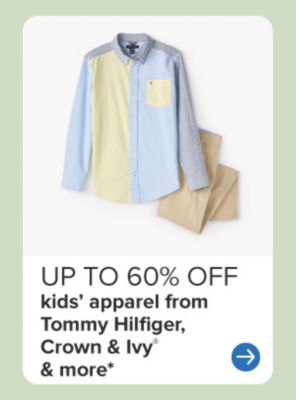A boys' button up and khaki pants. Up to 60% off kids' apparel from Tommy Hilfiger, Crown and Ivy and more.