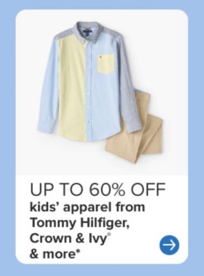A boys' button up and khaki pants. Up to 60% off kids' apparel from Tommy Hilfiger, Crown and Ivy and more.