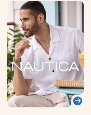 Image of a man wearing a short sleeve button down shirt. Nautica logo.