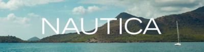 Image of the ocean and a mountain. The Nautica logo.