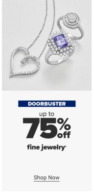 A silver necklace with a heart pendant, a silver double halo ring featuring white gemstones and a silver ring with a blue diamond gemstone. Doorbuster. Up to 75% off fine jewelry. Shop now.
