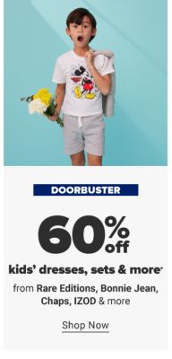 A little boy wearing a Mickey Mouse tee in white and gray shorts. He holds a gray cardigan over his shoulder and yellow flowers in his other hand. Doorbuster. 60% off kids' dresses, sets and more from Rare Editions, Bonnie Jean, Chaps, IZOD and more. Shop now.