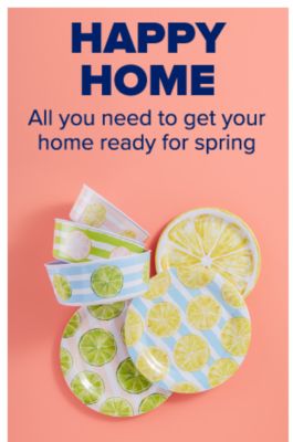 Melamine dinnerware featuring bright greens, yellows and blues through stripes and citrus-themed patterns. Three matching bowls. Happy Home. All you need to get your home ready for spring.