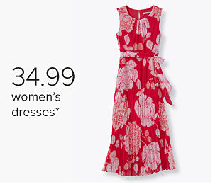 Image of a floral red dress. $34.99 women's dresses. 