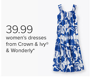 Image of a blue floral dress. $39.99 women's dresses from Crown and Ivy and Wonderly. 
