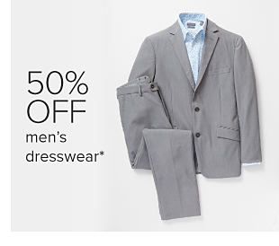 Image of a grey suit and light blue button down. 50% off men's dresswear. 