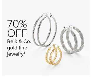Image of 3 pairs of hoop earrings in silver and gold. 70% off Belk and Co. gold fine jewelry. 