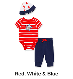 A baseball themed toddler outfit, consisting of a white toboggan with red baseball stitching, a red and white striped top and blue pants. Red, white and blue. 