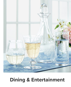 Table with assortment of glassware. Dining and entertainment. 