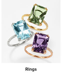 An image of gemstone rings. Shop rings.