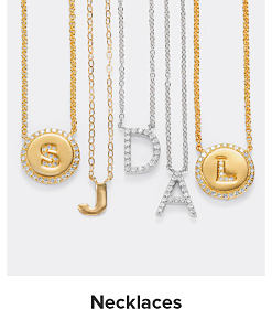 An image of gold and diamond initial necklaces. Shop necklaces. 