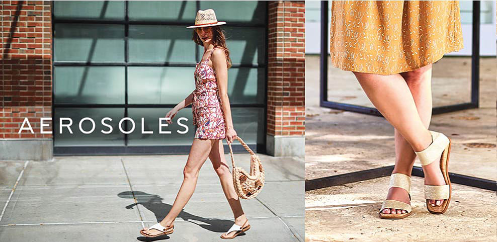 Image of a woman wearing a colorful dress and strappy sandals. Another image of a yellow dress and beige sandals. Aerosoles logo.