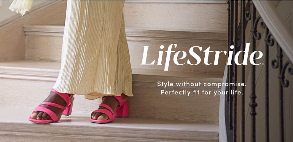 Image of a pleated cream colored dress and pink strappy sandals. Lifestride logo. Style without compromise. Perfectly fit for your life.