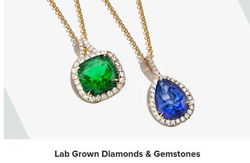 Image of 2 gold necklaces with colorful gems. Shop lab grown diamonds and gemstones.