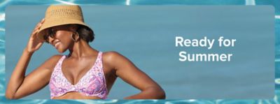 Ready for summer. A woman in a hat and bathing suit
