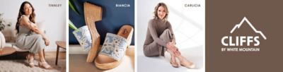 An image of a woman sitting on a couch wearing sandals. Tinnley. An image of clog sandals. Biancia. An image of a woman wearing flats. Carlicia. The Cliffs by White Mountain logo.