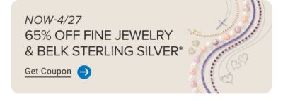 Now to April 27. 65% off fine jewelry and Belk Sterling Silver. Get coupon. Image of various necklaces and earrings.