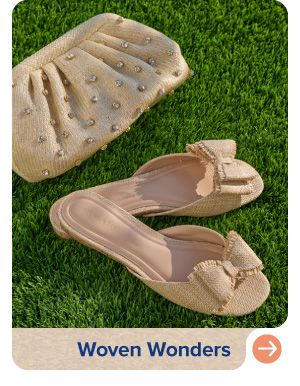 Image of nude flats and a matching bag. Woven wonders.